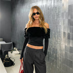 Women's Solid Color Furry Tube Top Off Shoulder Long Sleeve Top