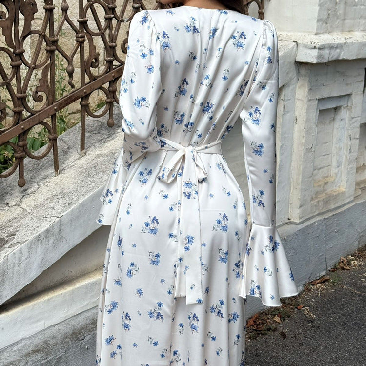 Women's Floral Satin V-Neck A-Line Dress