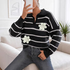 Sweater Top Women Clothing Color Contrast Patchwork Striped Three Dimensional Embroidery Beads Floral Stitching Polo Collar Sweater