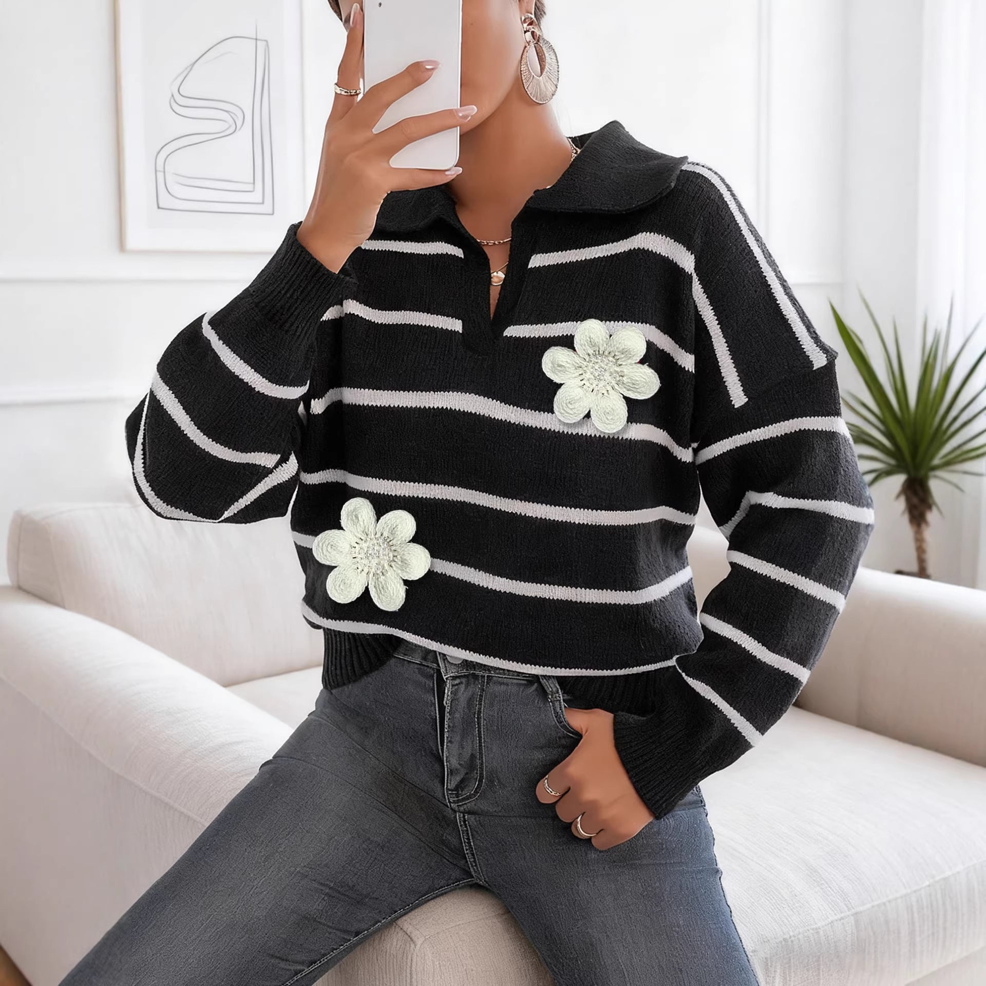 Sweater Top Women Clothing Color Contrast Patchwork Striped Three Dimensional Embroidery Beads Floral Stitching Polo Collar Sweater
