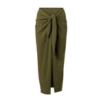 Olive green wrap skirt with gathered knot tie waistband