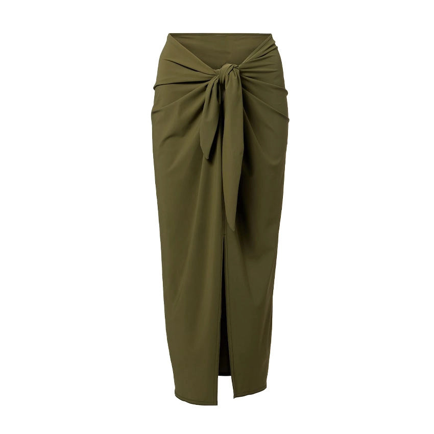 Olive green wrap skirt with gathered knot tie waistband