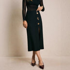 Metal Buckle High-Waist Sheath Skirt