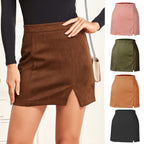 Suede Hip High Waist Zipper Autumn Winter A Line Skirt