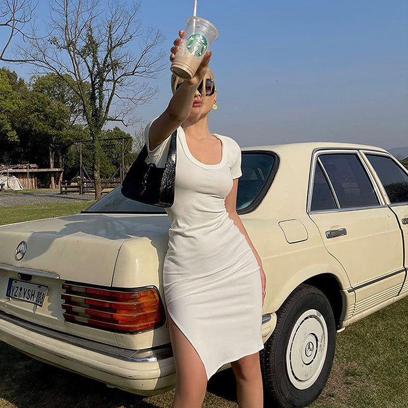 Crew-Neck Short-Sleeve Split Bodycon Knee-Length Dress