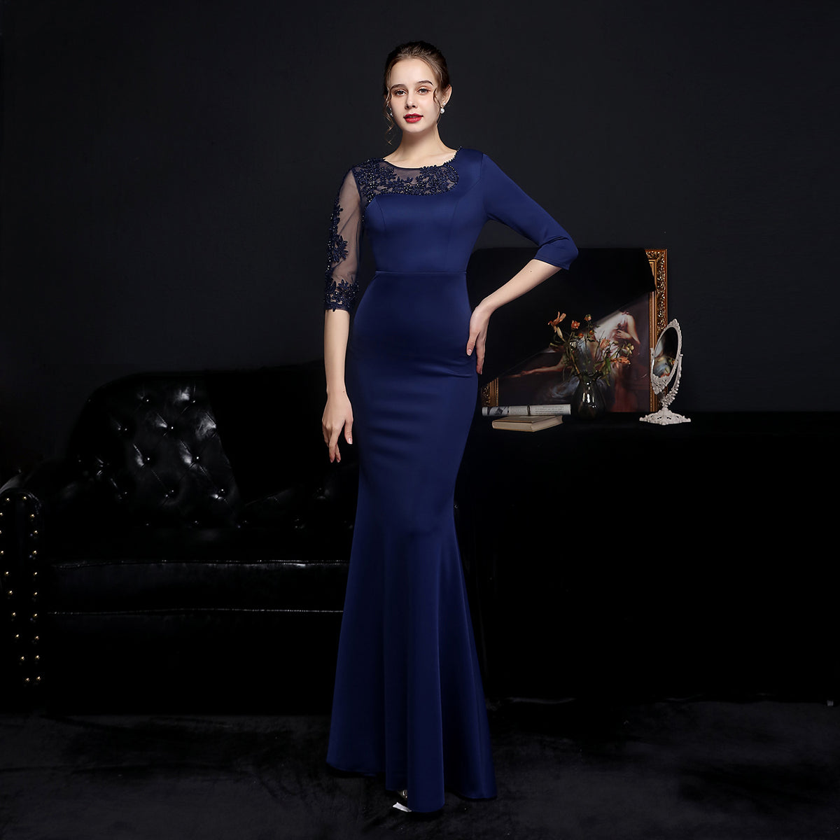 Women's Diamond Bridal Long Sleeve Dinner Fishtail Evening Dress Formal Gown