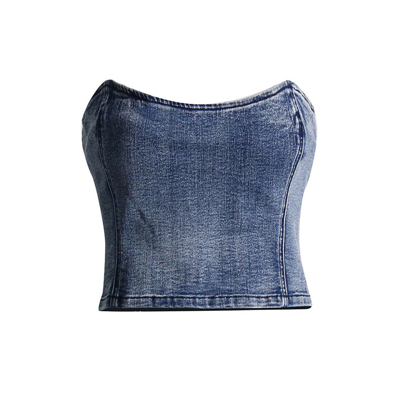 's Short Tube Top High Grade Slim Fit Outside Denim Tube Top