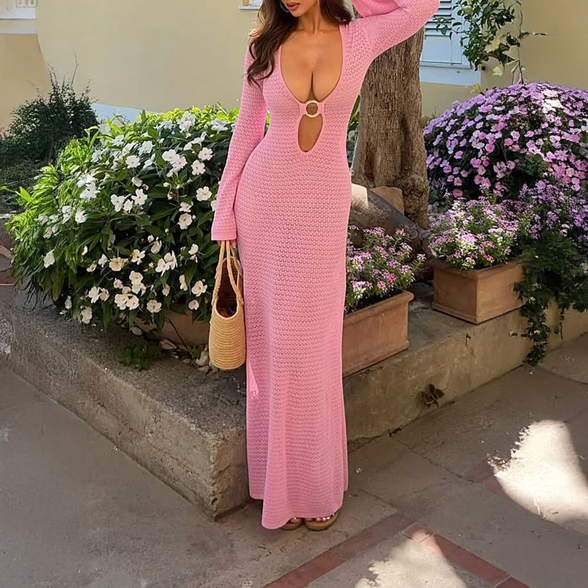 Women's Deep-V Cutout Long-Sleeve Maxi Dress