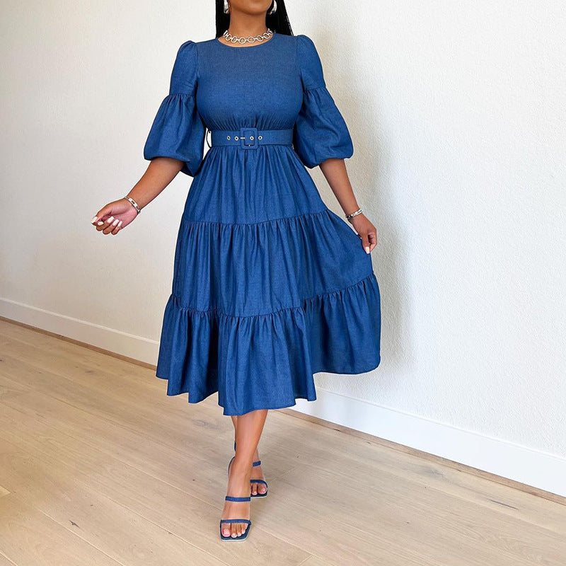 Round-Neck Half-Sleeve Denim Dress