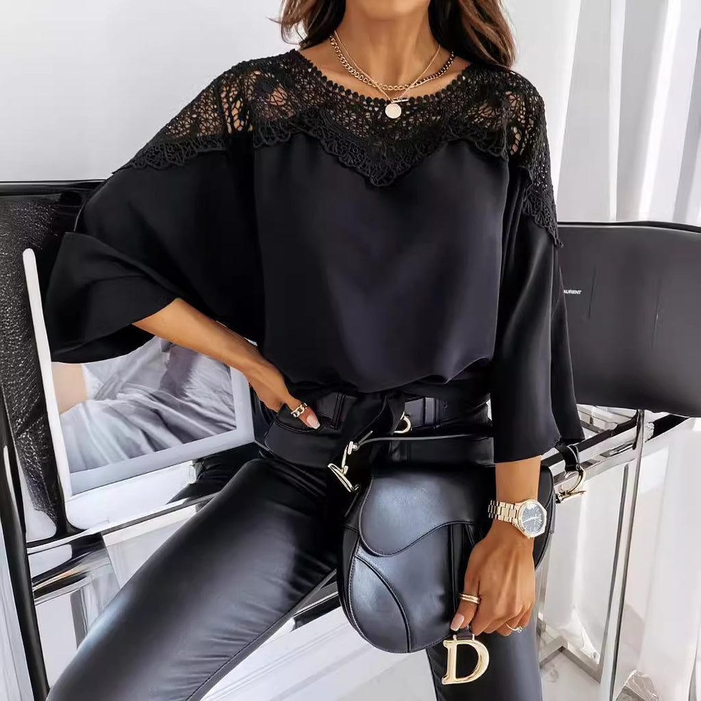 Women's Spring Autumn Long Sleeve Lace Shirt Solid Color Office Top Round Neck
