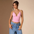 Women's Pink V Neck Fit Short Spaghetti Strap Vest Inner Match