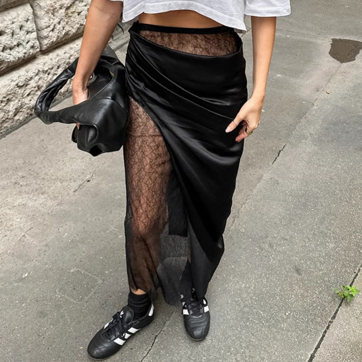Black Lace Patchwork See Through Satin Skirt
