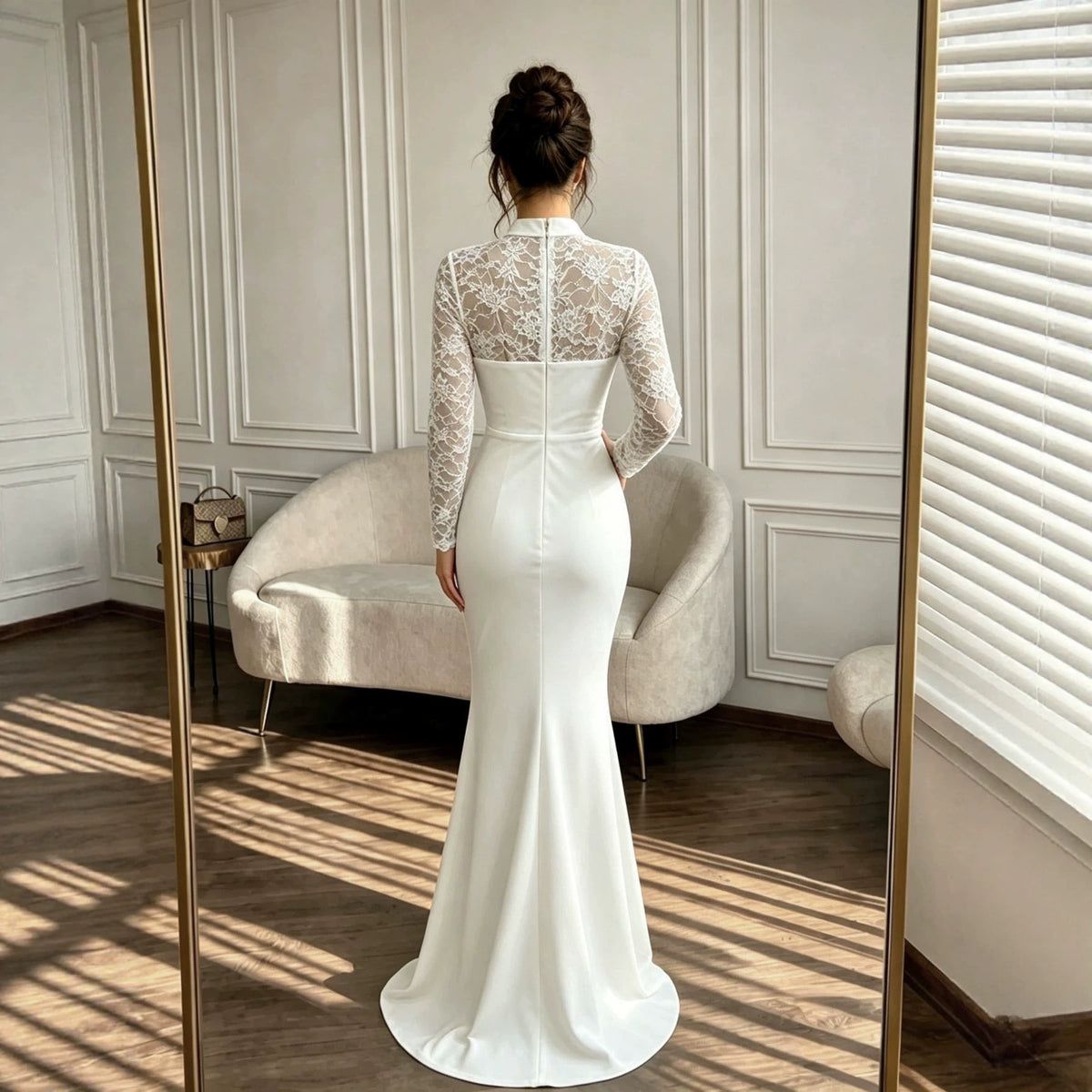 Women's Clothing Long Sleeve Lace Slim Fishtail Wedding Dress White Maxi Dress