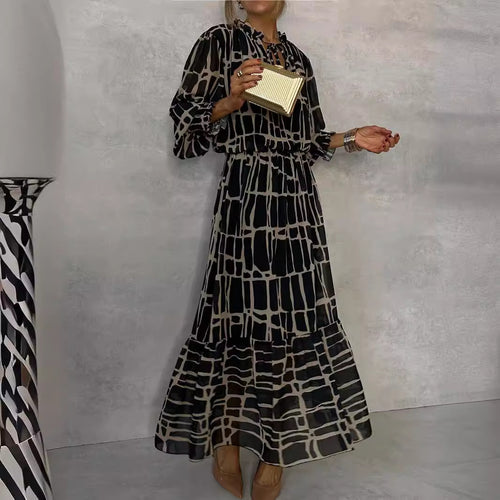Long Sleeve Dress Autumn Printed Waist Controlled Long Sleeve Swing Dress