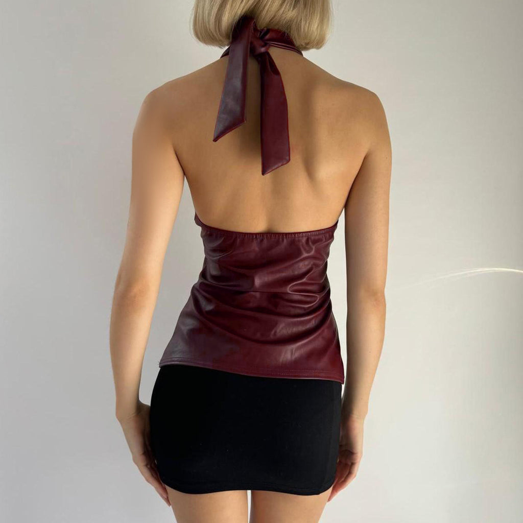 's Red Leather Halter Spaghetti Straps Slim Fit Elegant Tied