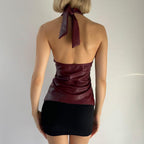 's Red Leather Halter Spaghetti Straps Slim Fit Elegant Tied
