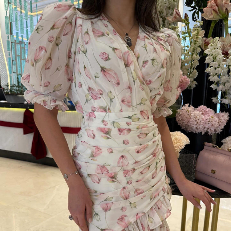 Women's Floral V-Neck Asymmetric Chiffon Dress