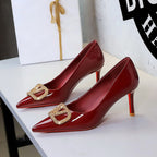 Red Background Gold Rhinestone V Buckle Pointed High Grade Patent Leather