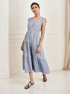 Blue-and-white striped sleeveless midi dress with tiered layers and V-neck