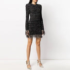 Bright Silk Woolen Fringe Long Sleeved Slim Fit Short Dress High Quality