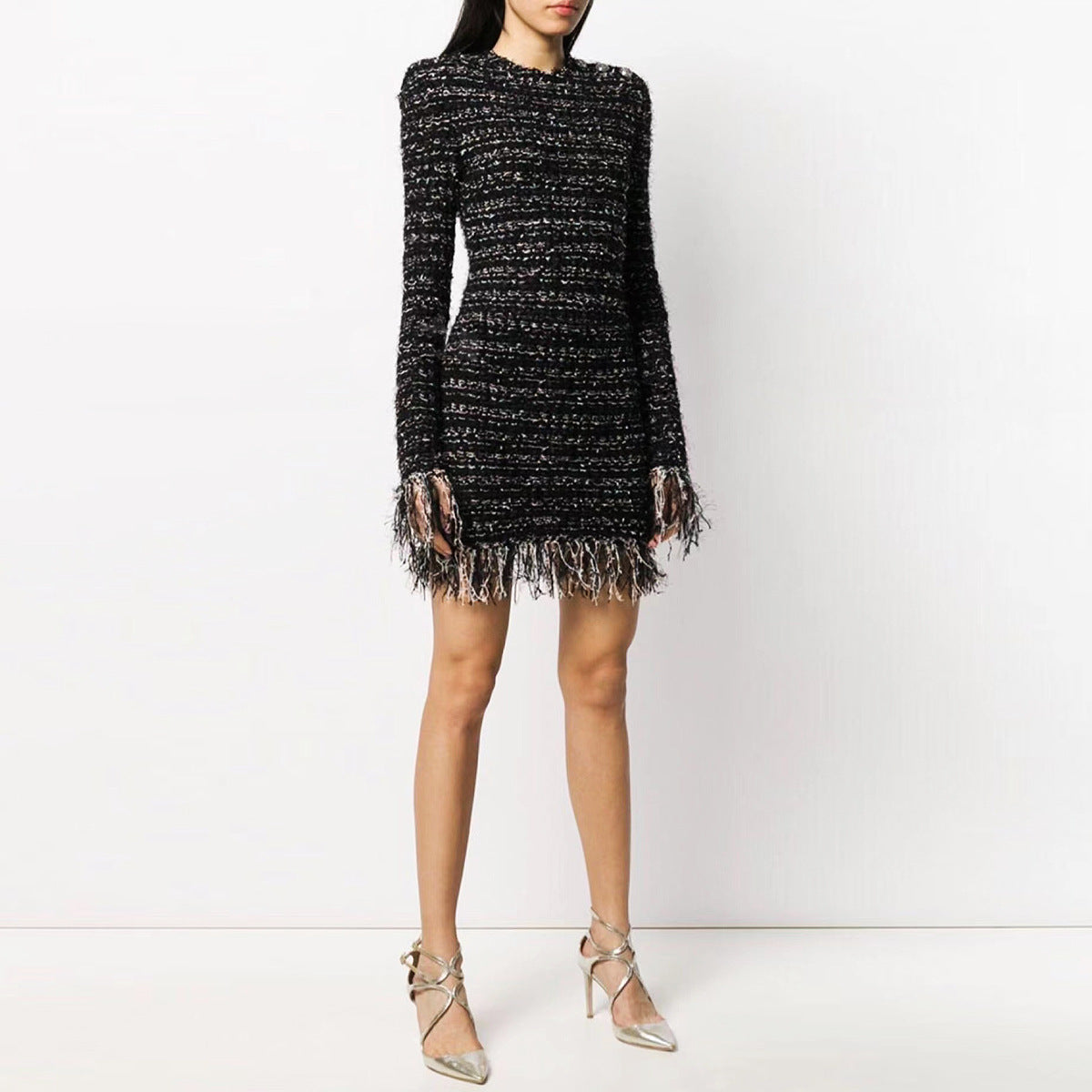 Bright Silk Woolen Fringe Long Sleeved Slim Fit Short Dress High Quality