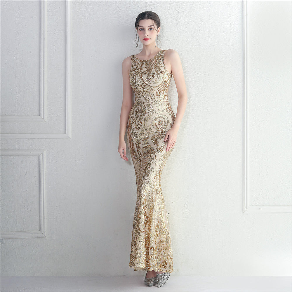 Women's Bare Back Beaded Sequin Embroidery Stage Concert Cocktail Dress