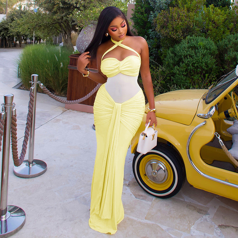 Pale yellow lace backless halter dress with knotted bust, ruched waist, long skirt