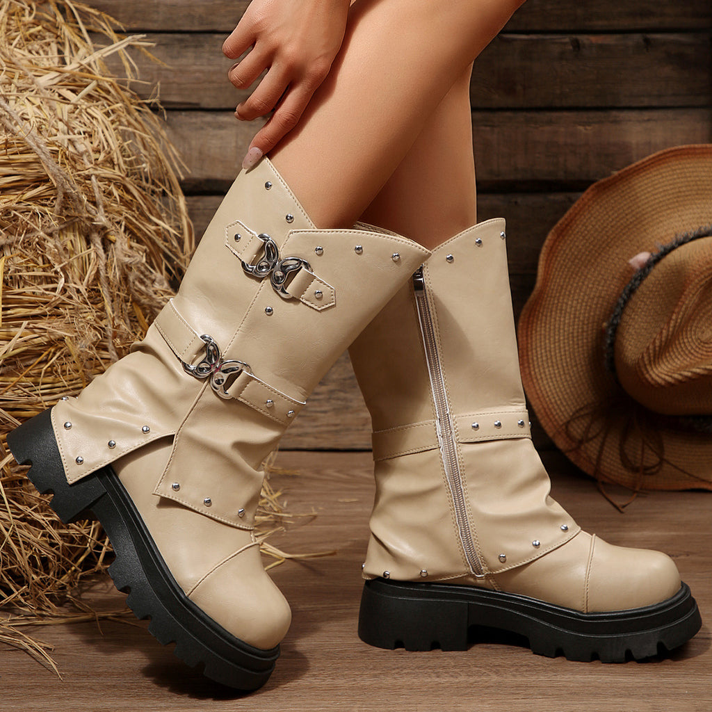 Women's Rivet and Rhinestone Mid-Calf Boots