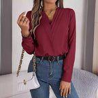 Women's Real Shot Autumn Winter Elegant Solid Color Stacked V Neck Long Sleeve Shirt Women Clothing