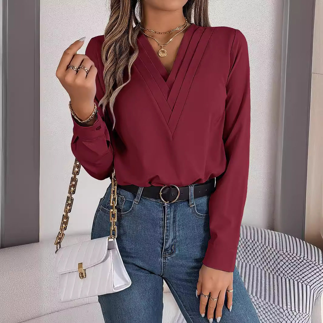 Women's Real Shot Autumn Winter Elegant Solid Color Stacked V Neck Long Sleeve Shirt Women Clothing