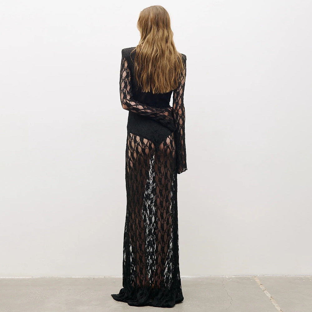 Women's Autumn Winter French Lace Long Sleeve Lining Dress Evening Christmas