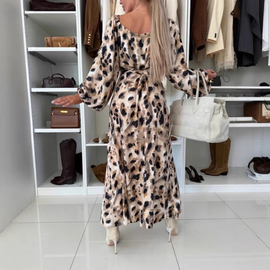 Winter Printed Hem Slit Long-Sleeve Dress
