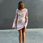 Satin Crew-Neck Long-Sleeve A-Line Mini Dress