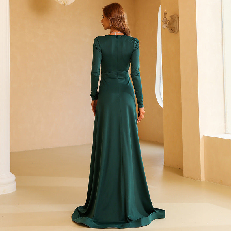 Women's Green V-Neck Long Sleeve Slit Evening Maxi Dress