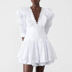 Women’s V-Neck Puff-Sleeve Lace-Embroidered Dress
