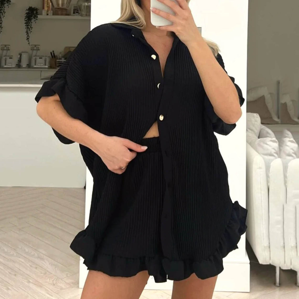 Women's Shorts Short-Sleeve Shirt Two-Piece Loose Pleated Wooden Ear Casual Sets
