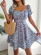 Women's Spring Summer Elegant Floral Lace-Up Waist-Controlled Large Hem Dress Women Clothing