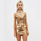 Women's Golden V Neck Strap Backless Little Short Dress Sequin Dress Nightclub Dress