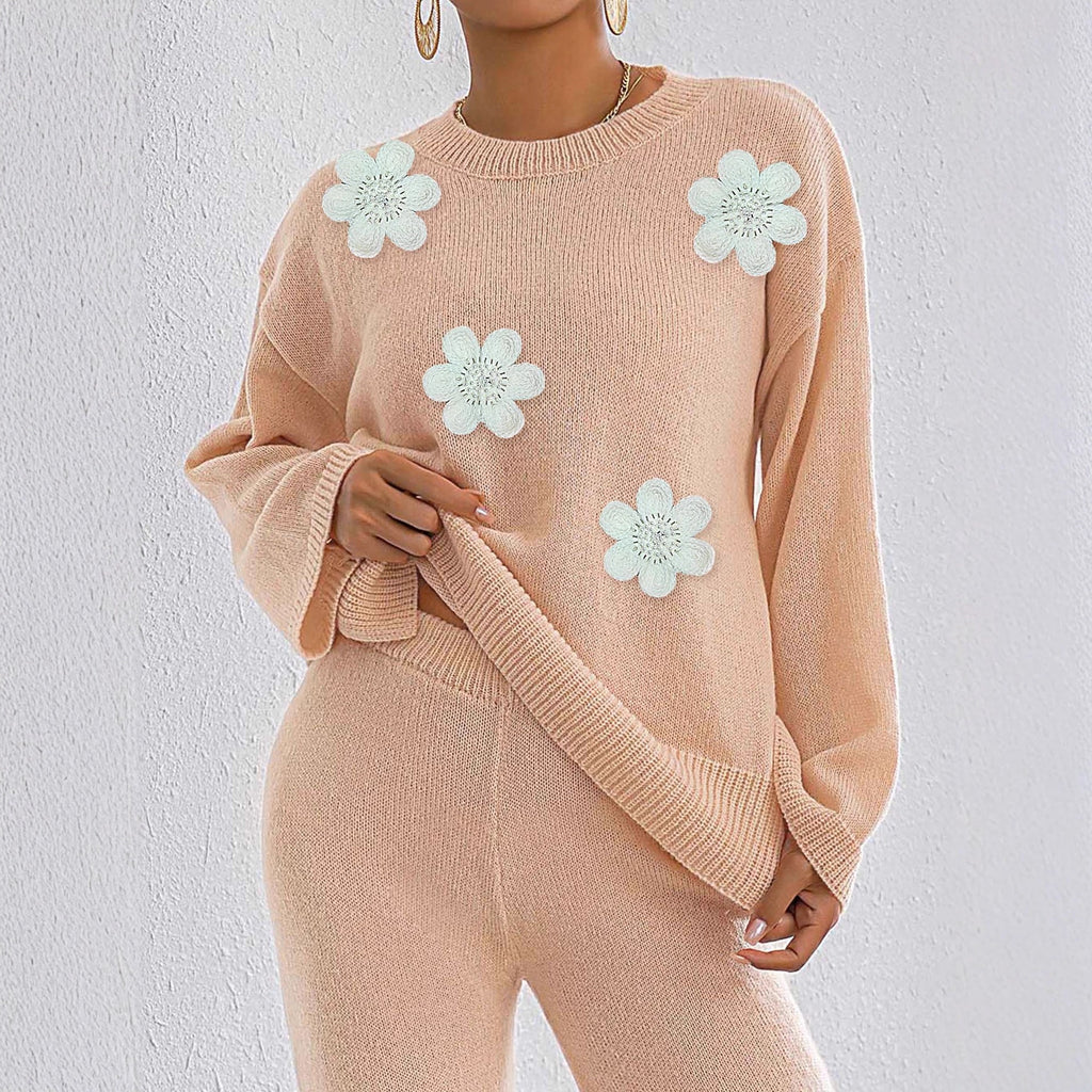 Three Dimensional Embroidery Beads Floral Stitching Loose Comfort Casual Solid Color Long Sleeved Top Crew Neck Pullover Sweater Women