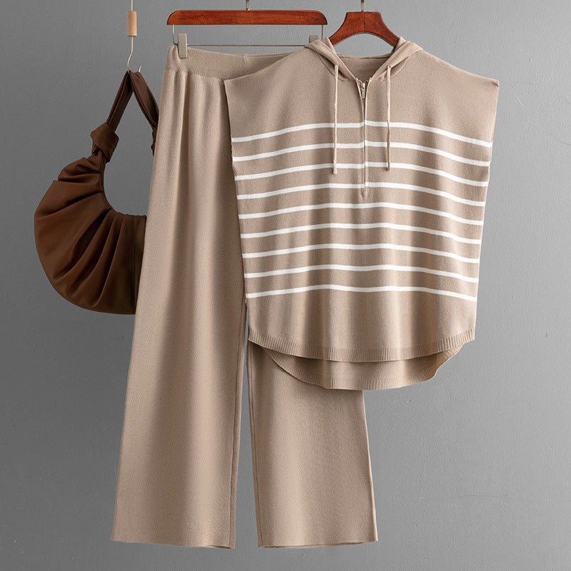 Summer Hooded Sleeveless Vest Loose Casual Striped Two-Piece Set