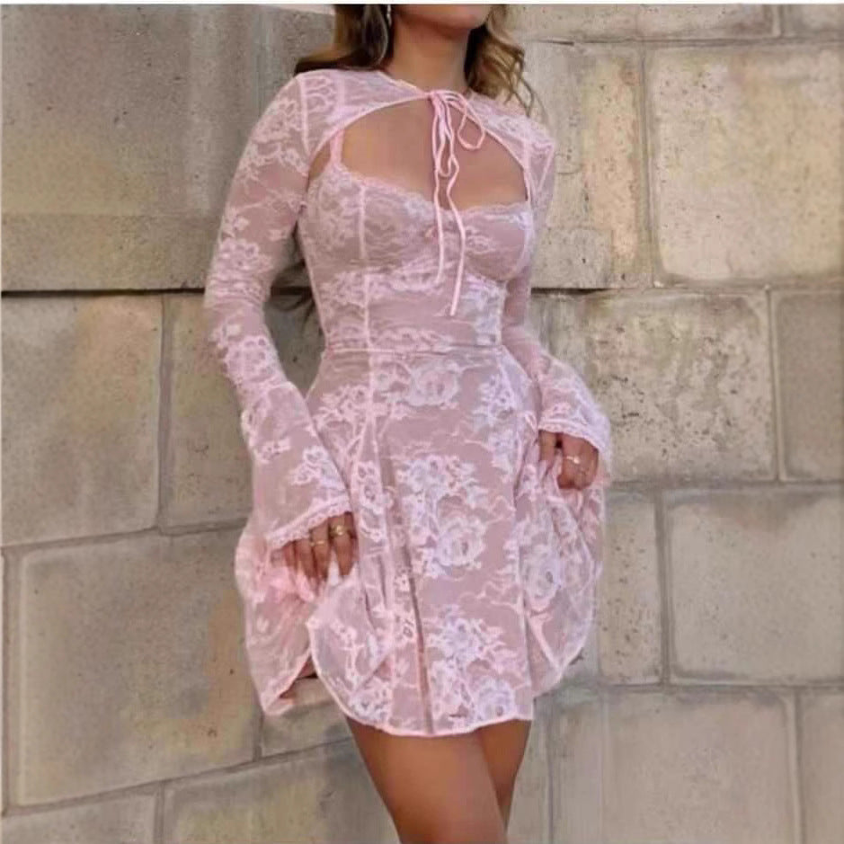 Pink Lace Long-Sleeve Two-Piece Dress