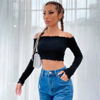 Street Casual Off Neck Knitted Long Sleeve Ultra Short T Shirt Top