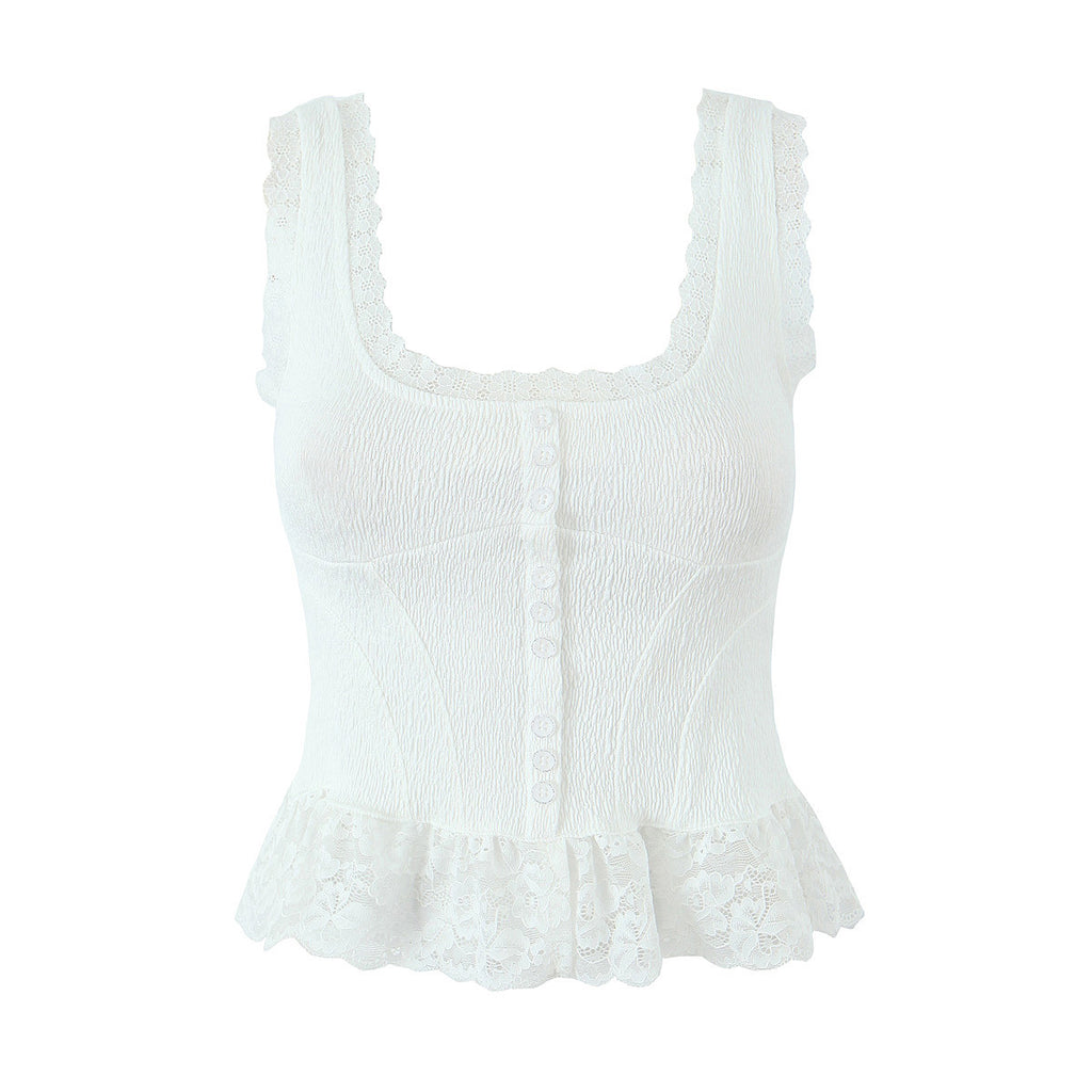 's Lace Splicing Sling Vest Pure Waist Lace Short Top