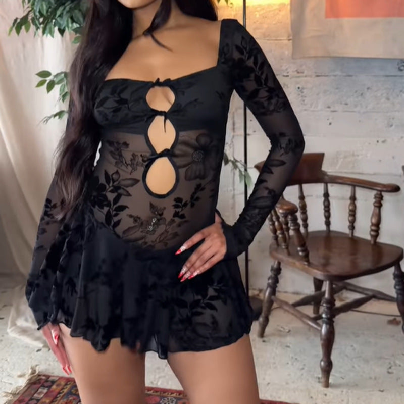 Women's Square-Neck Floral Lace Cutout Backless Mini Dress