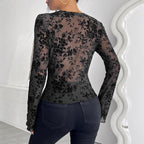 V-Neck Lace Mesh Flare Sleeve Top