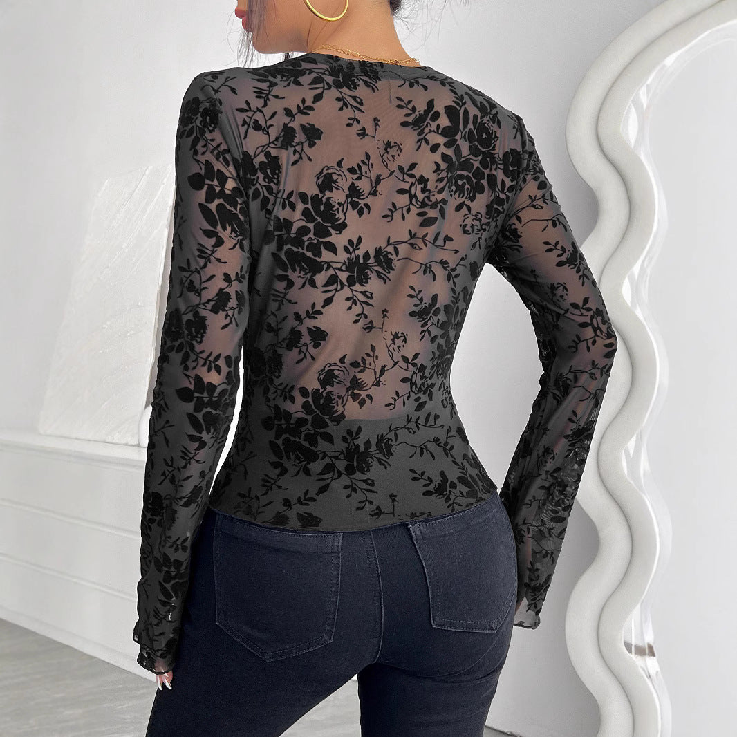 V-Neck Lace Mesh Flare Sleeve Top