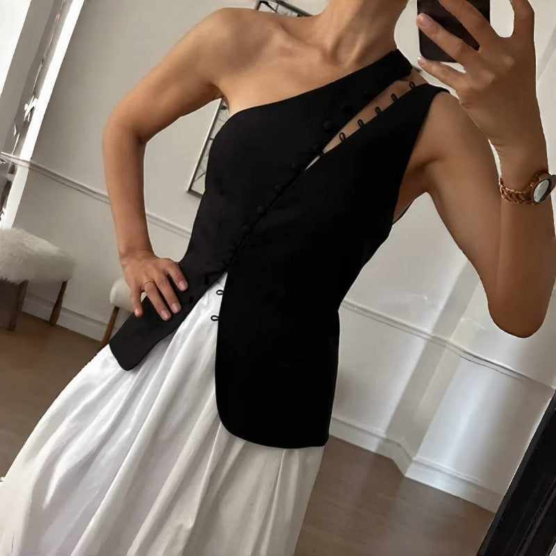 Diagonal Collar Hooks Sleeveless Vest Top