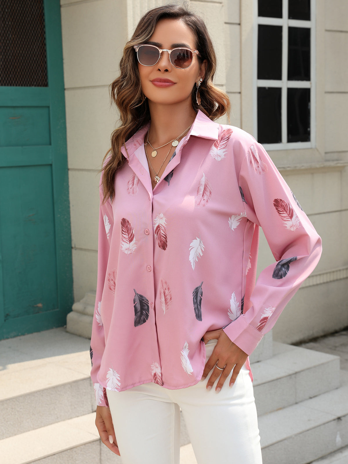 Women’s White Feather Print Collared Long Shirt