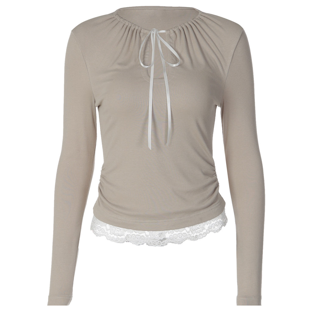 U Neck Lace up T shirt for Women Autumn Lace Long Sleeved Top Bottoming Shirt for Women