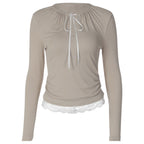 U Neck Lace up T shirt for Women Autumn Lace Long Sleeved Top Bottoming Shirt for Women